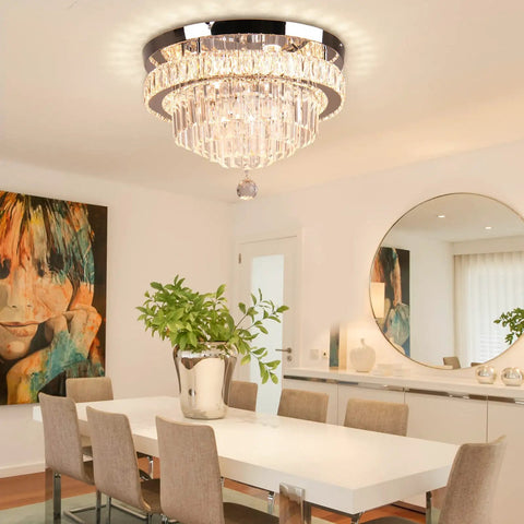 Crystal Chandelier LED Ceiling Light With Remote Control And App Control Dimmable Pendant for Dining Room, 16 Inch Diameter