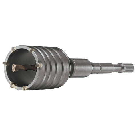 5 Inch 2 Piece Rotary Hammer Core Bit With Wave Design Promoting Up To 40 Percent Faster Drilling, Carbide Tipped Centering Bit, Asymmetrical Carbide Teeth For Quick Cutting And Long Life, Requires SDS Max Or Spline Core Bit Adapter CAM008 CAS008, shown from side angle