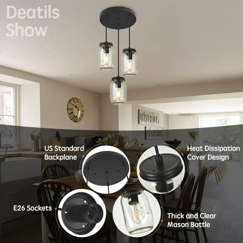 Three Light Mason Jar Pendant Lights For Kitchen Island Farmhouse Chandelier Ceiling Mount Black Rustic Hanging Lighting