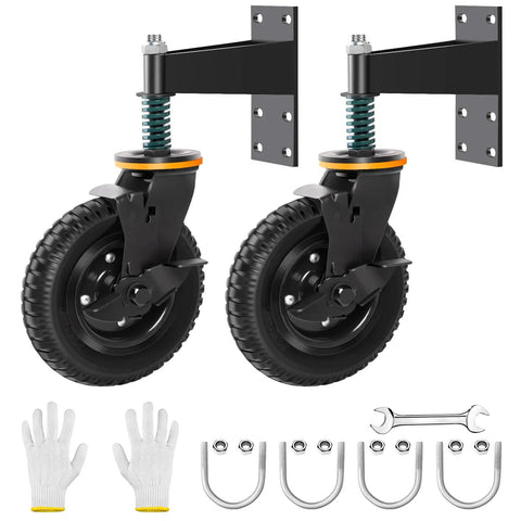 Heavy Duty 8 Inch Gate Wheels With Brake For Metal Tube Gate And Wooden Gates Two Pack Swivel Caster With 360 Degree Spring Loaded Shock Absorbing 600 Pound Capacity For Smooth Effortless Gate Mobility with mounting kit and gloves