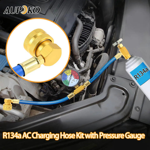 DIY Car AC Recharge Kit With Gauge And 1/2 Inch Self Sealing Valve Can, R134A Refrigerant Hose And Recharge Hose Assembly