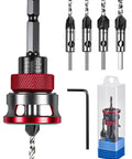 Heavy Duty Countersink Drill Bit Set With Adjustable Depth Stop Collar For Swift Wood And Metal Jobs includes four bits and hex shank.