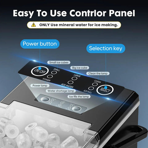Zero Drama Rapid Freeze Bullet Ice Maker With Six Minute Quick Chill Cycle user-friendly control panel with buttons for ice size and cleaning.