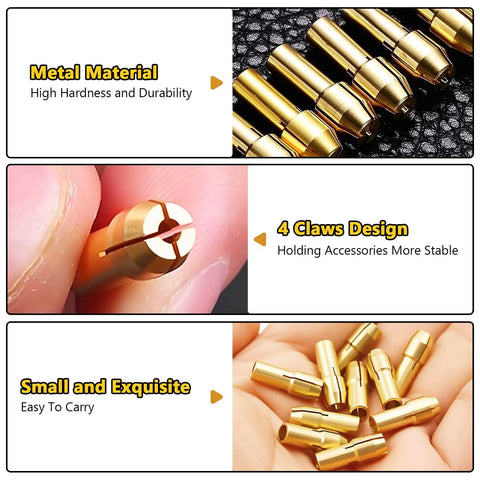 Detailed view of Brass Three Jaw Drill Chuck Set For Rotary Tools with highlighted features and collet sizes.
