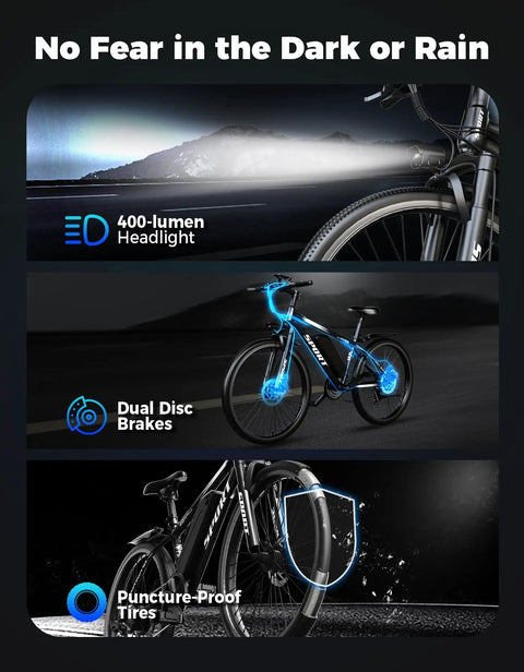 All-Terrain 1500W Peak Mountain Electric Bike For Adults, The Go-To Ride At 25 MPH Top Speed, 65 Mile Range, Removable 48V 10.4Ah Battery, 26 Inch E Bike For Commuting, Trails And Weekend Rides. with 400-lumen headlight, dual disc brakes, puncture-proof tires