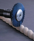 Radial Bristle Brush For Bench Motors With Adapter Kit, 6 Inch By Half Inch By One Inch, Green 50 Grade Mineral, in action