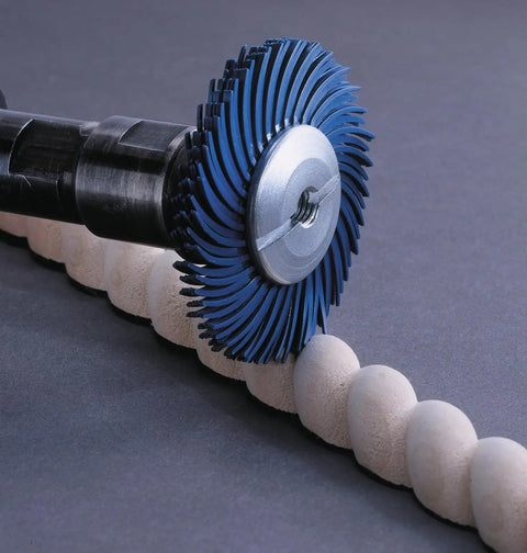 Radial Bristle Brush For Bench Motors With Adapter Kit, 6 Inch By Half Inch By One Inch, Green 50 Grade Mineral, in action