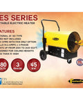 Portable Electric Salamander Heater 45kW 480V 3Phase With Thermostat and Forced Air, yellow design with fan for jobsite heating.