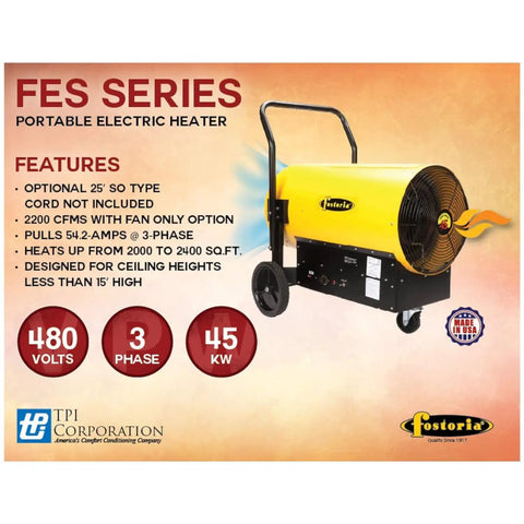 Portable Electric Salamander Heater 45kW 480V 3Phase With Thermostat and Forced Air, yellow design with fan for jobsite heating.