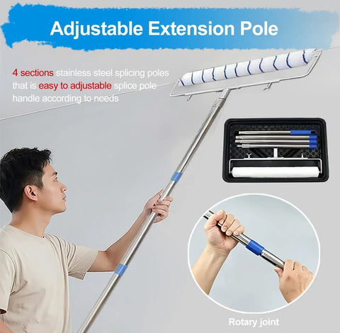 Big Time 18 Inch Non Shedding Paint Roller Kit For Ceilings Walls And Concrete with adjustable extension pole in use.
