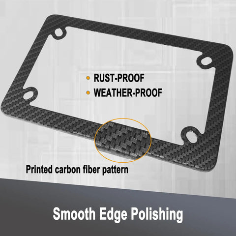 Focus keyword phrase: Carbon Fiber Motorcycle License Plate Frame With Stainless Steel Tag Holder Bracket And Included Screws Nuts Caps 1 Pack For Moto Moped Motorbike Scooter Bike. Image of the carbon fiber pattern frame with smooth edge polishing.
