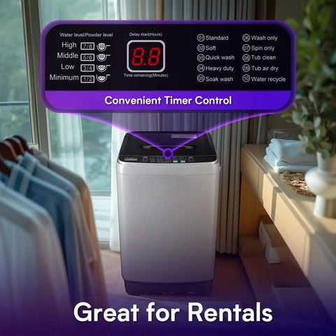 Full Automatic Portable Washer And Spinner Combo Featuring Ten Custom Wash Cycles And Eight Water Levels No Fuss Plug In Design For Tight Apartments And RV Quarters Heavy Duty Load Handling Sweet Space Saver Grey with timer control display.