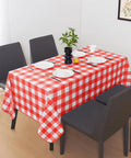 Rectangle Vinyl Tablecloth Waterproof Buffalo Gingham Red For Outdoor Picnics And Camping Heavy Duty Wipeable Table Cover 54 X 78 Inches For Parties Barbecues And Meals on dining table with plates
