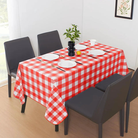 Rectangle Vinyl Tablecloth Waterproof Buffalo Gingham Red For Outdoor Picnics And Camping Heavy Duty Wipeable Table Cover 54 X 78 Inches For Parties Barbecues And Meals on dining table with plates