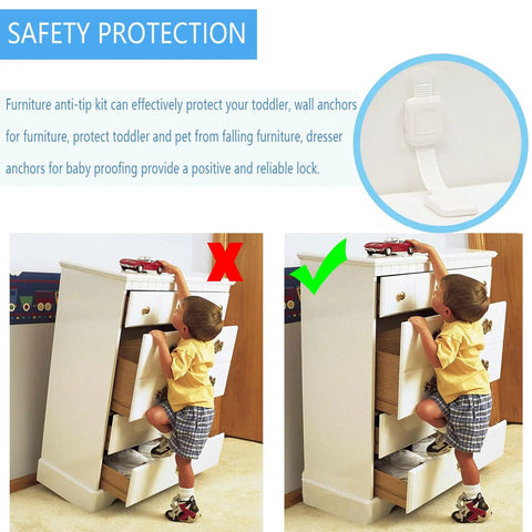 Heavy Duty No Drill Furniture Anchors For Baby Proofing With Upgraded Adhesive Straps shown securing a dresser while kids play safely.