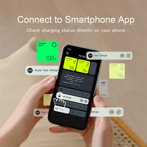 App interface showing Compact Dual Port 72W Fast Charger Hub for Mini Drone Batteries with real-time charging data on smartphone.