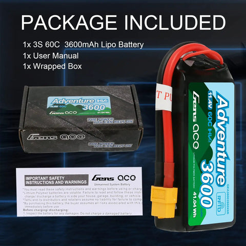 3S LiPo Battery 11.4V 60C 3600mAh Beefy RC Power Pack with XT60 Adapter, T Plug, and packaging included.