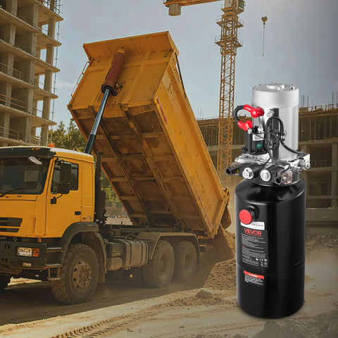 8 Quart DC 12V Hydraulic Power Unit With 3200 PSI Max, 0.91 GPM Flow, Double Acting Dump Trailer Pump beside truck