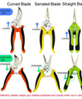 All In One Pruning Shears Kit 4 Pack Garden Clippers with stainless steel blades, showing curved, serrated, and straight tools.