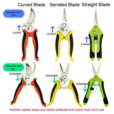 All In One Pruning Shears Kit 4 Pack Garden Clippers with stainless steel blades, showing curved, serrated, and straight tools.