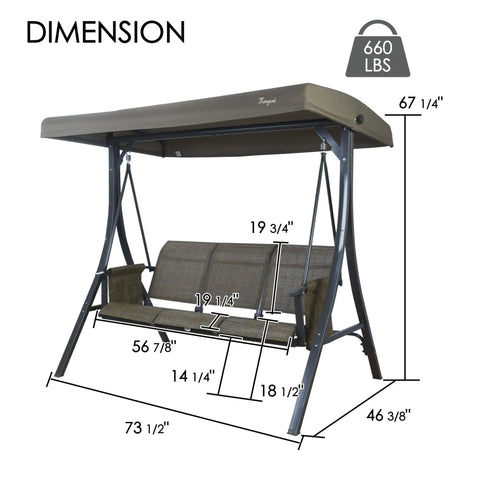 Dimensions of Brenda 3 Seat Outdoor Porch Swing Glider With Adjustable Canopy Heavy Duty Steel Frame