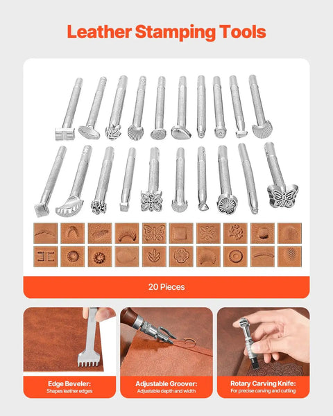 All In One Leather Craft Tool Kit 92 Piece Set With Portable Storage Bag Includes Engraving Punching Sewing Stamping Sanding Tools layout