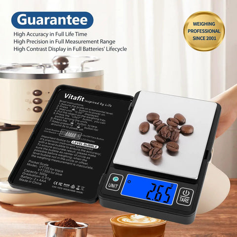 Dialed In Ultra Precise 500g Digital Gram Scale With 0.01g Resolution And Built In Level Bubble For Kitchen displaying coffee beans