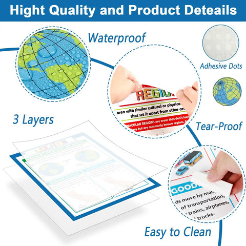Close-up of Classroom Ready World Geography Poster Set for Social Studies showcasing waterproof, layered, and tear-proof features.