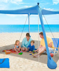 Family under Sun Shield Beach Canopy 11x11 Ft Easy Pop Up Tent With UPF50 Plus Protection, blue, on sandy beach