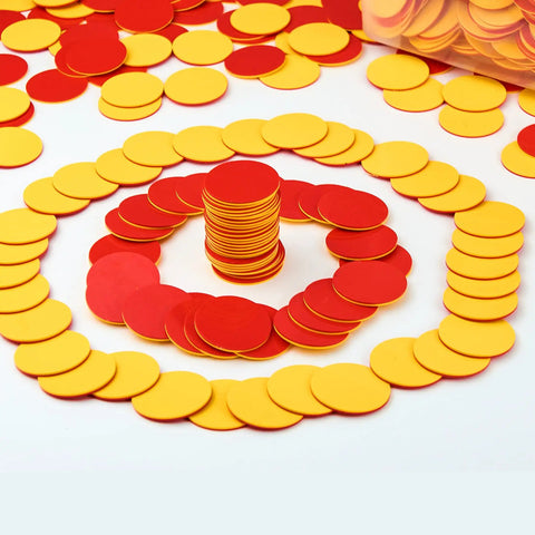 Two Sided Red And Yellow Counting Chips 1000 Piece Set arranged in patterns for educational activities and early learning.