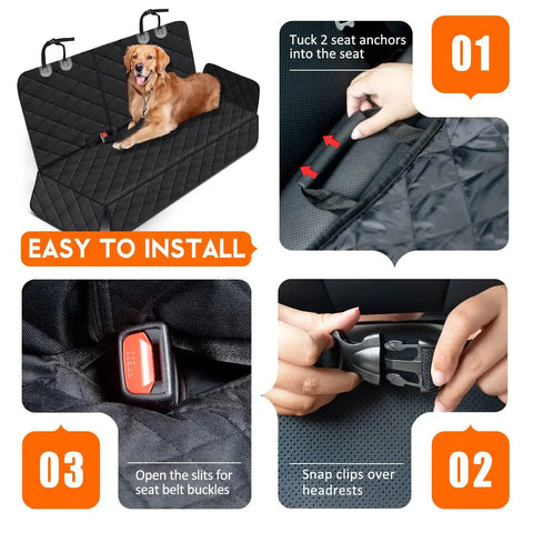 Go To Dog Car Seat Cover For Backseat Waterproof Bench Protector with armrest access, demonstrating installation steps