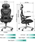 Ergonomic Mesh Office Chair With Adjustable Lumbar Support High Back 400 Lbs Capacity dimensions and features infographic