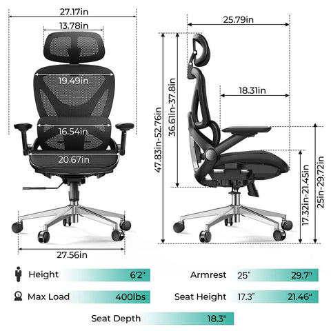 Ergonomic Mesh Office Chair With Adjustable Lumbar Support High Back 400 Lbs Capacity dimensions and features infographic