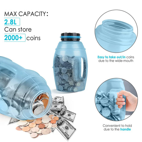 Ultra Large Digital Coin Bank With LCD Counter For All US Coins, 2.8L Capacity Money Jar, shows full jar and removable lid