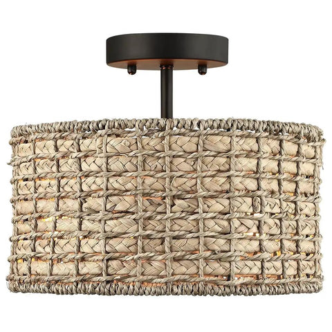 Front view of Rattan Semi Flush Mount Ceiling Light With Black Canopy 2 Light 12 Inch Drum Shade Fixture for indoor use
