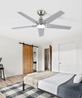 52 Inch Ceiling Fan With Lights And Remote, Brushed Nickel Finish in modern bedroom ceiling with engineered wood blades.