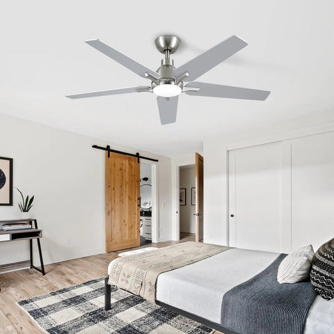 52 Inch Ceiling Fan With Lights And Remote, Brushed Nickel Finish in modern bedroom ceiling with engineered wood blades.