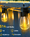Close-up of illuminated 96Ft Outdoor String Lights For Patio And Garden Waterproof Shatterproof Edison Bulbs Warm Glow 2200K Chill