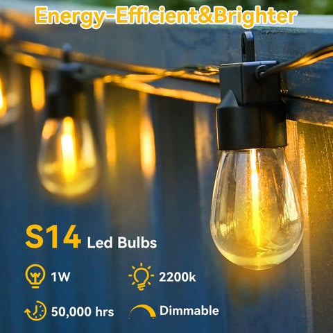 Close-up of illuminated 96Ft Outdoor String Lights For Patio And Garden Waterproof Shatterproof Edison Bulbs Warm Glow 2200K Chill
