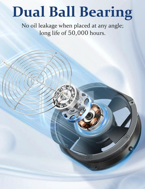 Dual ball bearings of Beefy 110V 120V Axial Fan with high airflow for DIY chicken coop, greenhouse, and more.