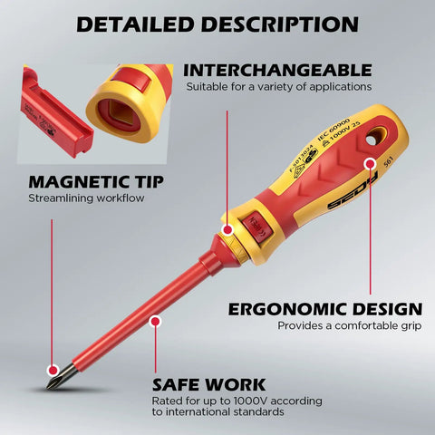 1000V Insulated Electrician Screwdriver Set With Pro Grade Magnetic Tips, ergonomic handle, VDE GS certified, interchangeable tip