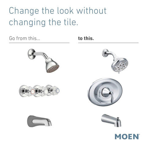 Eva Posi-Temp Tub And Shower Trim Kit Chrome Finish With 2 Or 3 Hole Valve Conversion Valve Required Not Included No Brainer Retrofit For Any Bathroom Upgrade comparison image showing before and after shower trim.