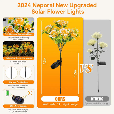 Go To Solar Carnation Flower Lights For Outdoor Garden Decor Waterproof IP65, vibrant vs dim flower light comparison chart.