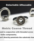 Stainless Steel M5 Lifting Eye Nuts With Three Sixteenth Inch Threads shown with ring shoulder design, detachable and reusable.