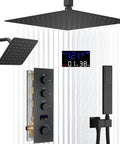 AYIVG Matte Black Brass 12+8'' Dual Rainfall Shower System with digital display and multiple shower heads.