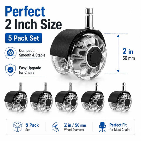 2 Inch Heavy Duty Chair Caster Wheels 5 Pack Silent Swivel Replacement Casters Clear Dual Design close-up view
