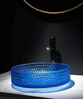 USZWBY Bathroom Vessel Sink Vanity Glass Vessel Bowl Sink Cylindrical Countertop Sink Bowl Above Counter Sink Art Basin with Faucet and Pop Up Drain in blue crystalline finish.
