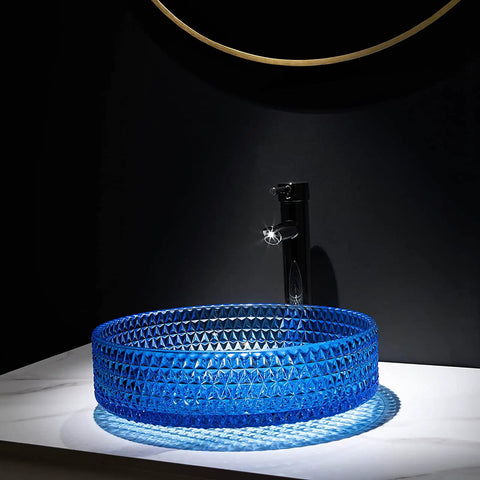 USZWBY Bathroom Vessel Sink Vanity Glass Vessel Bowl Sink Cylindrical Countertop Sink Bowl Above Counter Sink Art Basin with Faucet and Pop Up Drain in blue crystalline finish.