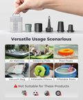 Ultra Fast Mini Air Pump For Inflatables With 2600mAh Battery And Camp Light shown with nozzles and usage scenarios.