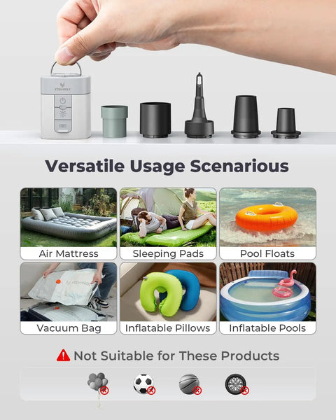 Ultra Fast Mini Air Pump For Inflatables With 2600mAh Battery And Camp Light shown with nozzles and usage scenarios.